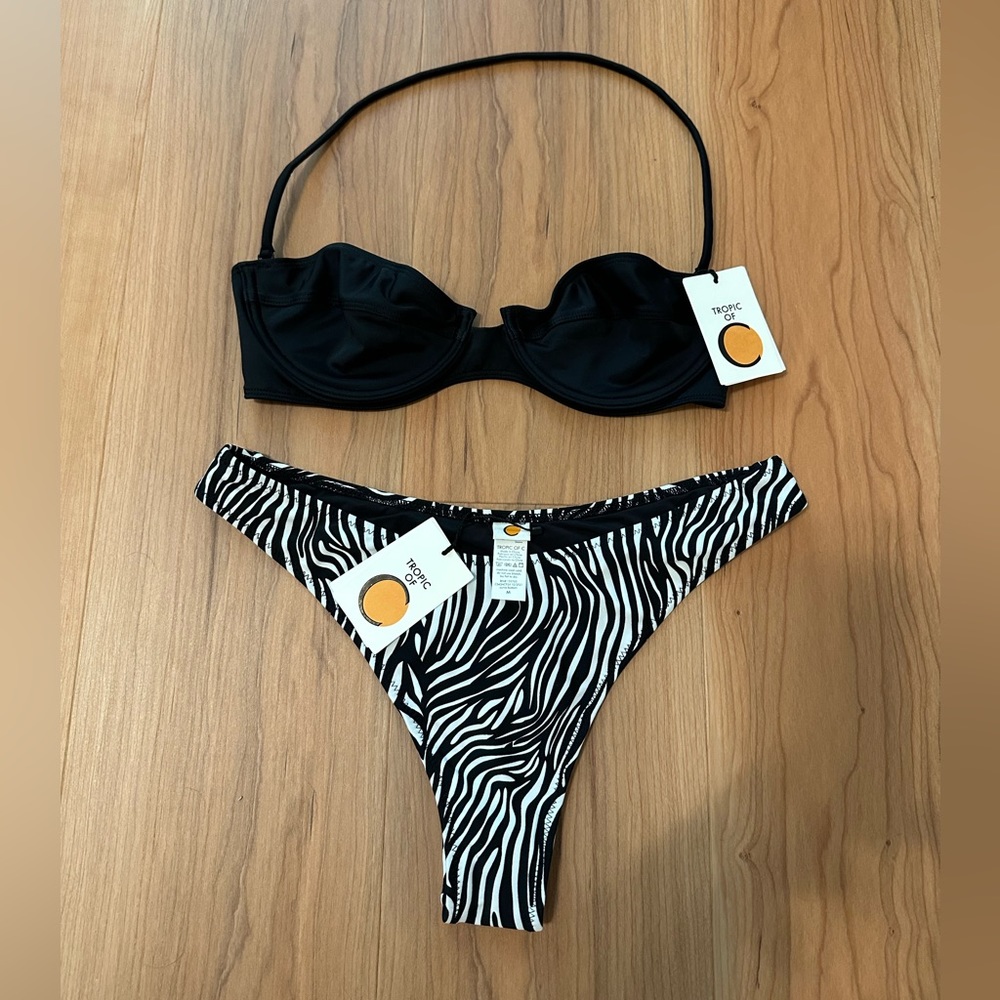 Tropic Of C Bikini Set - Black Bandeau Top & Zebra Print Bottom